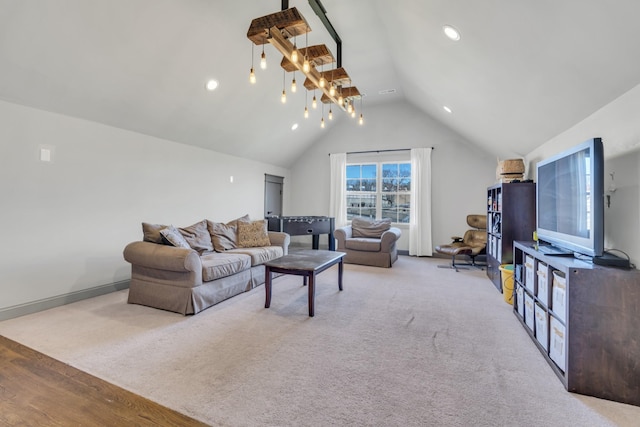 living area with lofted ceiling, carpet, and recessed lighting