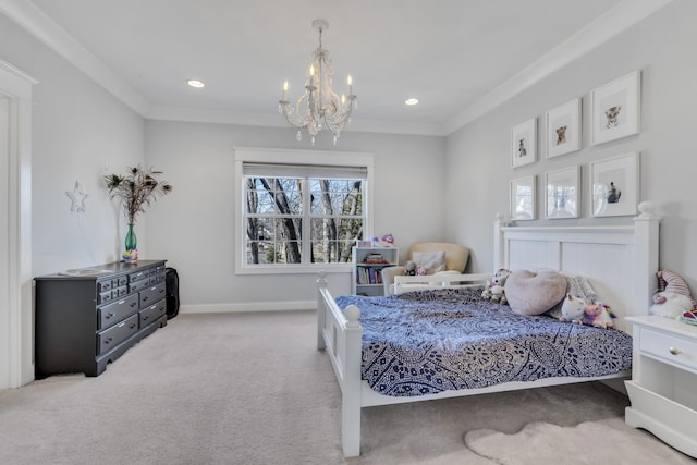 carpeted bedroom featuring baseboards, recessed lighting, a notable chandelier, and crown molding