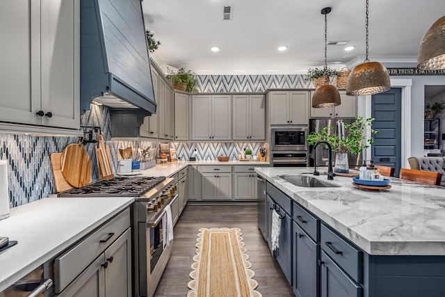 kitchen with stainless steel appliances, gray cabinets, a kitchen island with sink, and a sink