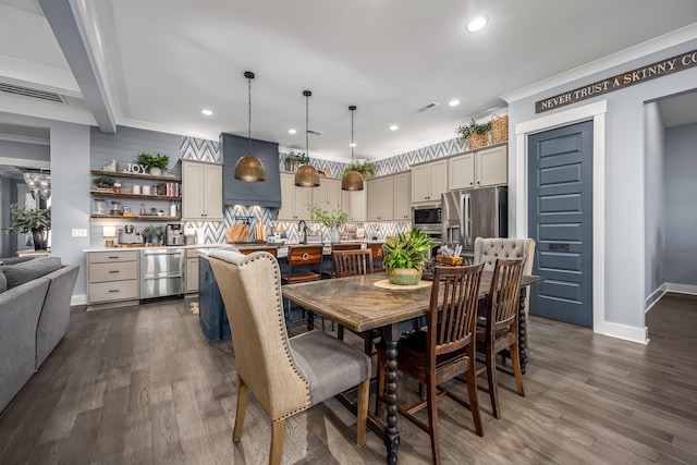 dining room featuring recessed lighting, beam ceiling, dark wood finished floors, and baseboards