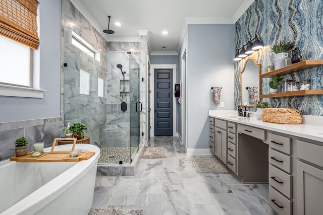 bathroom with ornamental molding, marble finish floor, a shower stall, and vanity