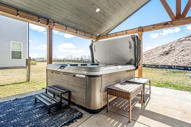 view of patio featuring a hot tub