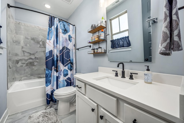 bathroom with toilet, visible vents, vanity, and shower / tub combo with curtain