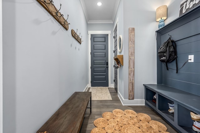 mudroom featuring ornamental molding, recessed lighting, dark wood-type flooring, and baseboards