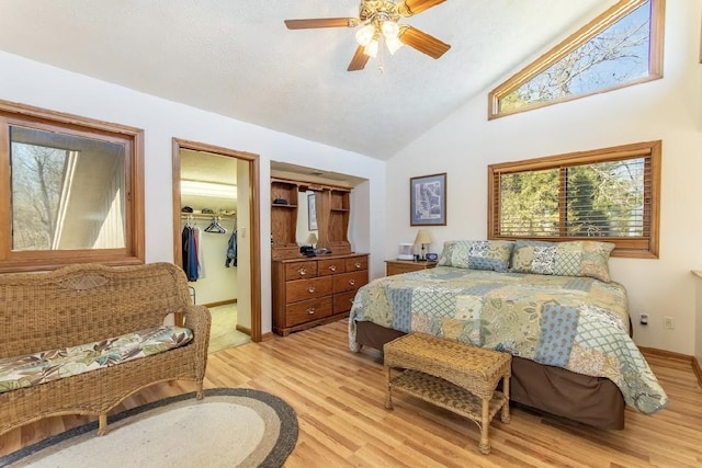 bedroom featuring a ceiling fan, lofted ceiling, a spacious closet, and light wood finished floors