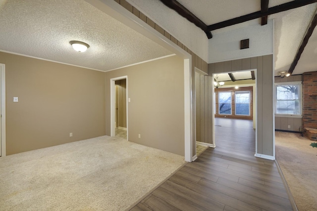 carpeted empty room featuring ornamental molding, beamed ceiling, a textured ceiling, and wood finished floors