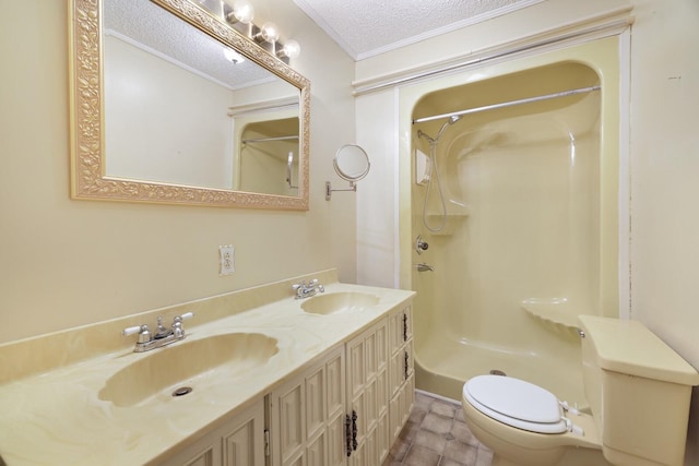 bathroom with toilet, a textured ceiling, a shower, and a sink