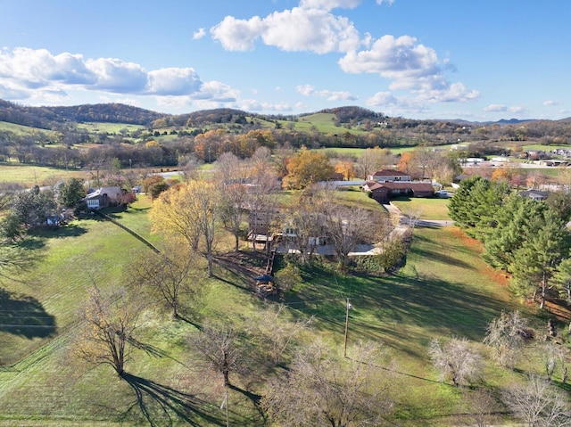 bird's eye view featuring a rural view and a mountain view