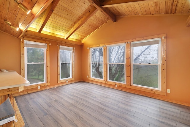 unfurnished sunroom featuring vaulted ceiling with beams and wood ceiling