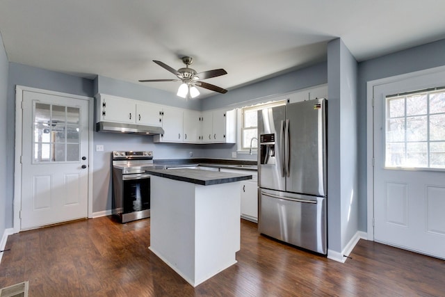 kitchen featuring dark countertops, visible vents, appliances with stainless steel finishes, white cabinetry, and under cabinet range hood