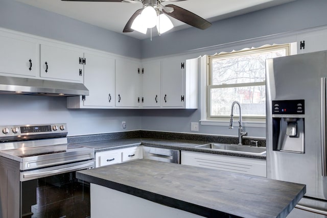 kitchen featuring dark countertops, stainless steel appliances, under cabinet range hood, white cabinetry, and a sink