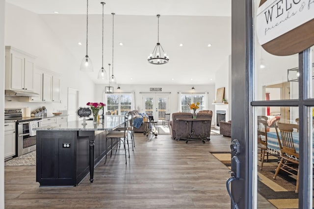 kitchen with white cabinets, range with two ovens, open floor plan, wood finished floors, and french doors