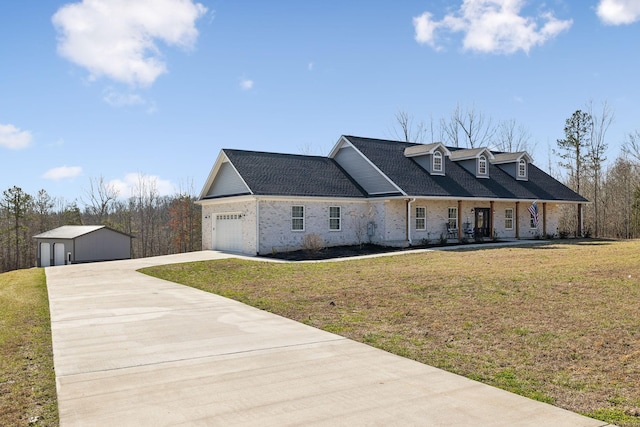 view of front of home featuring a garage, a front lawn, and a porch