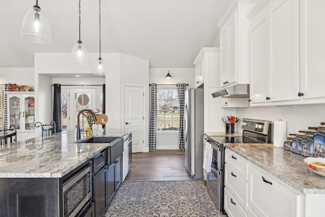 kitchen featuring white cabinets, a large island, stainless steel appliances, under cabinet range hood, and a sink