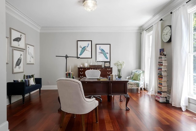 office area featuring dark wood-type flooring, ornamental molding, and baseboards