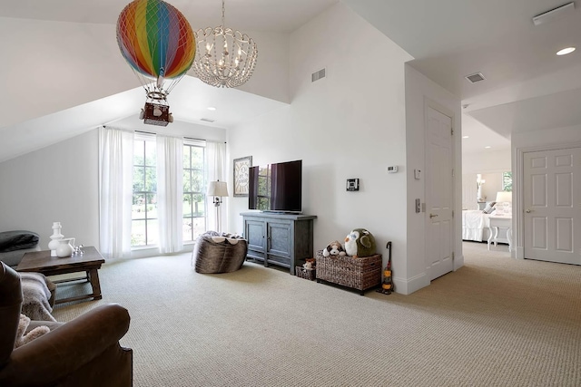 carpeted living area with recessed lighting, visible vents, vaulted ceiling, and a notable chandelier