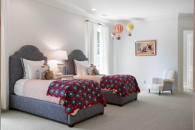 bedroom featuring baseboards, carpet floors, visible vents, and crown molding