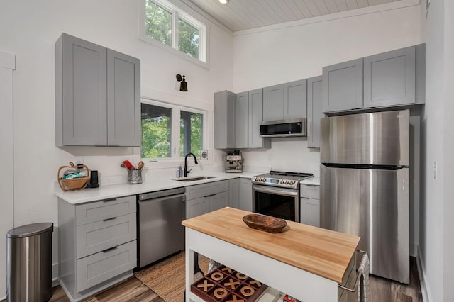 kitchen featuring wood finished floors, light countertops, stainless steel appliances, gray cabinetry, and a sink