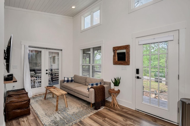 living room featuring french doors, wood finished floors, and a high ceiling