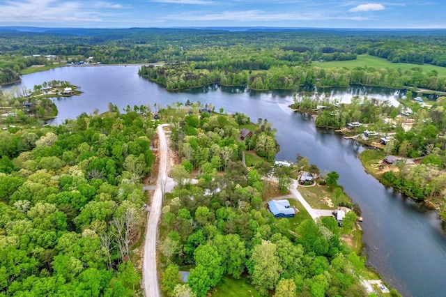 birds eye view of property with a water view and a view of trees