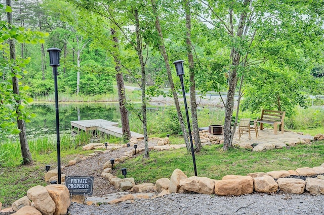 view of yard with a dock and a patio