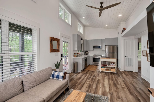 living room featuring wood ceiling, plenty of natural light, a towering ceiling, and wood finished floors