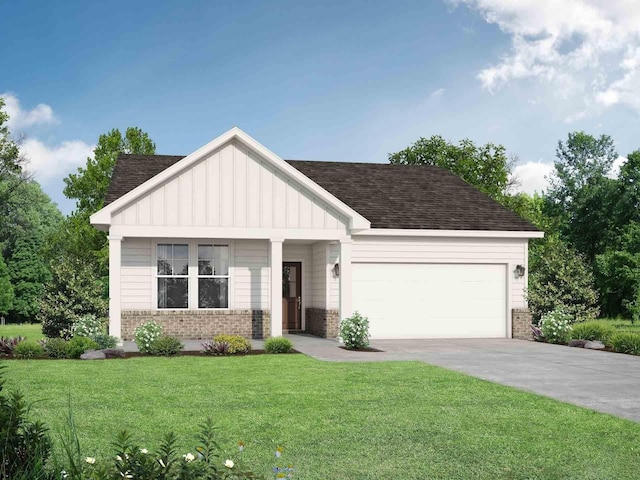 view of front facade with an attached garage, brick siding, board and batten siding, and a front yard