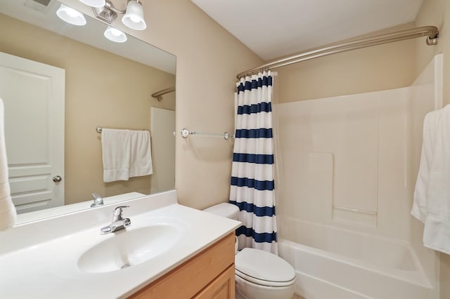 full bath featuring vanity, toilet, and shower / tub combo with curtain