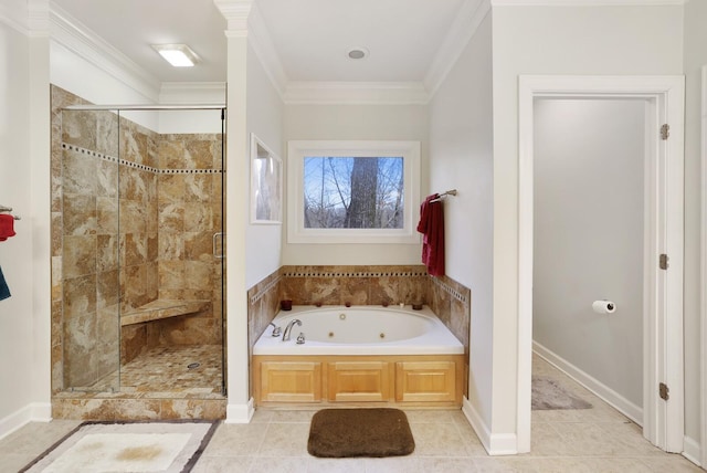 full bathroom with crown molding, a shower stall, a tub with jets, and tile patterned floors