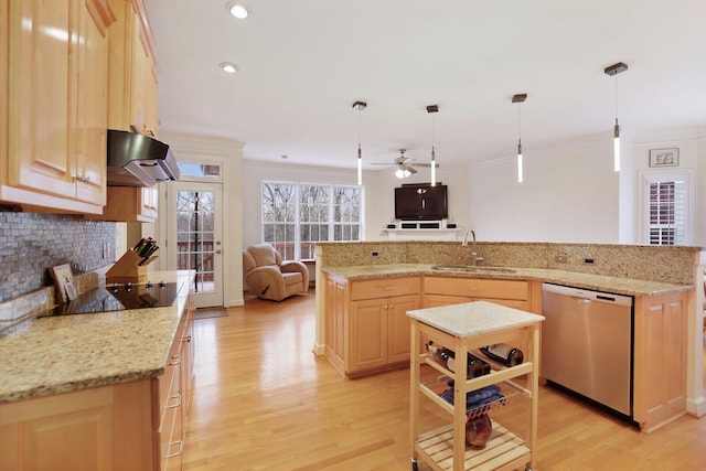 kitchen with dishwasher, open floor plan, light brown cabinetry, under cabinet range hood, and a sink