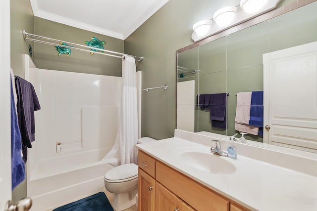 full bathroom featuring toilet, shower / tub combo, crown molding, and vanity