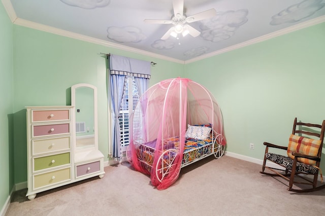 carpeted bedroom with a ceiling fan, visible vents, crown molding, and baseboards