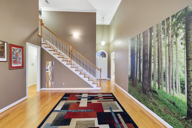 foyer entrance featuring a high ceiling, stairs, baseboards, and wood finished floors