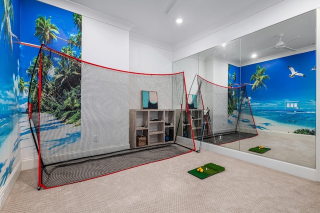 interior space featuring ceiling fan, carpet, crown molding, and recessed lighting