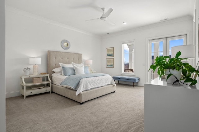 bedroom featuring carpet, visible vents, access to outside, and crown molding