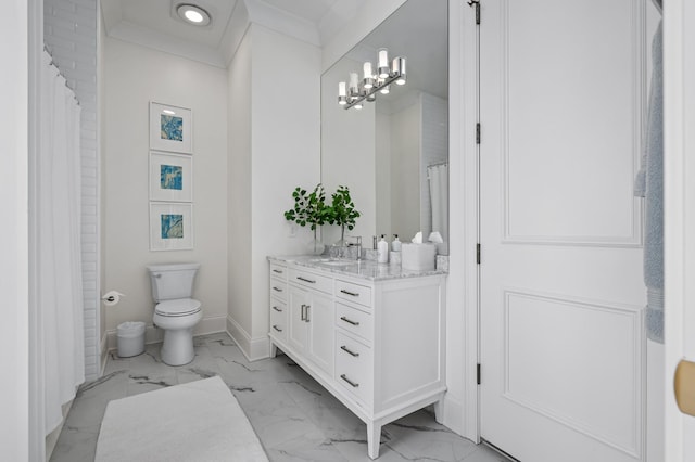 full bath with toilet, marble finish floor, crown molding, and vanity