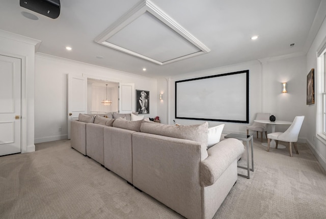 home theater room featuring recessed lighting, light carpet, crown molding, and baseboards