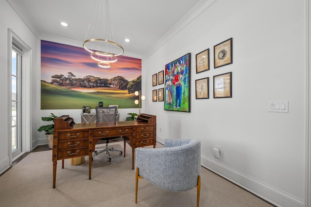 office with carpet floors, ornamental molding, recessed lighting, and baseboards