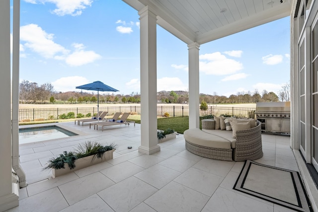 view of patio with a fenced backyard, an outdoor hangout area, a fenced in pool, and area for grilling