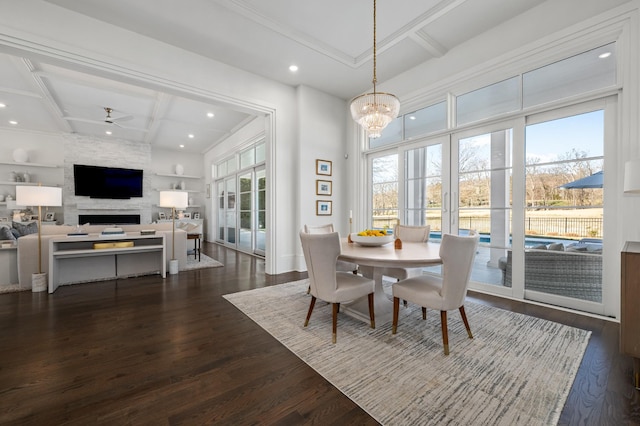 dining area with ceiling fan, coffered ceiling, dark wood-type flooring, and recessed lighting