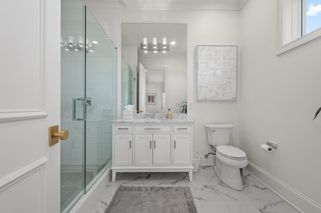 bathroom featuring a stall shower, marble finish floor, baseboards, and toilet