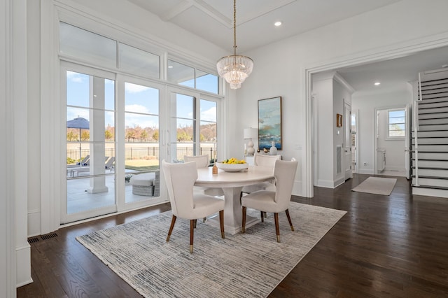 dining space with dark wood-style flooring, recessed lighting, visible vents, stairway, and an inviting chandelier