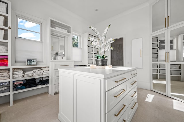 walk in closet featuring light carpet