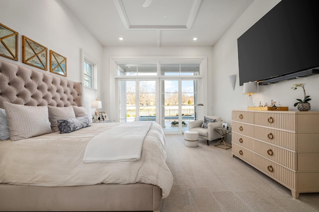 carpeted bedroom featuring access to exterior, attic access, and recessed lighting