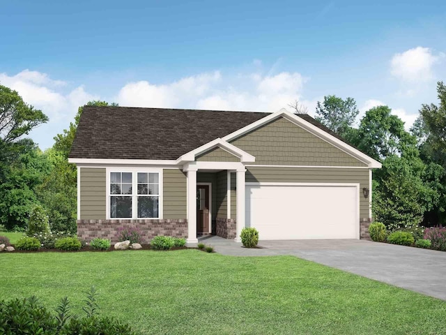 view of front of property featuring driveway, roof with shingles, an attached garage, a front yard, and brick siding