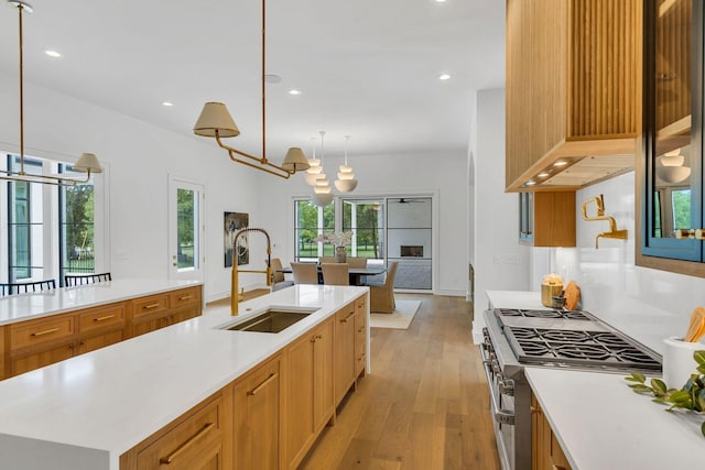 kitchen with light wood-style flooring, light countertops, double oven range, a sink, and recessed lighting