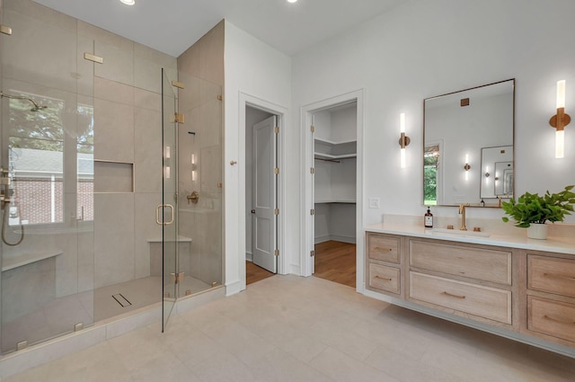 bathroom featuring a wealth of natural light, a shower stall, vanity, and a spacious closet