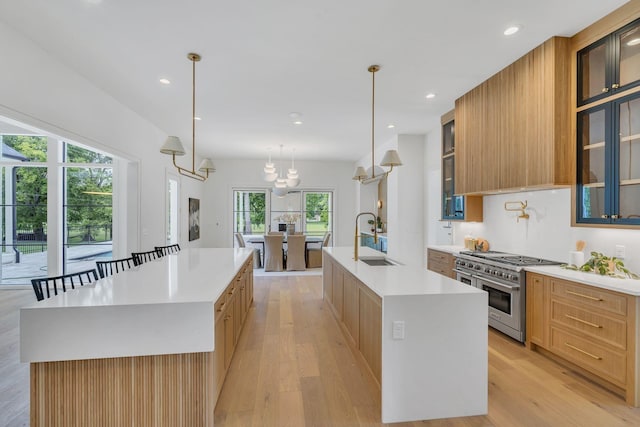 kitchen with range with two ovens, light wood-style floors, a sink, and a large island