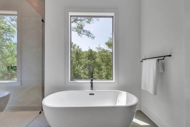 full bathroom featuring a wealth of natural light, a freestanding bath, and baseboards