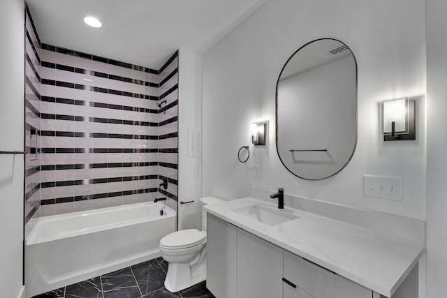 full bath featuring toilet, recessed lighting, vanity, marble finish floor, and  shower combination